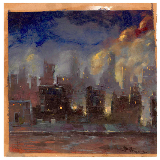 "Dark City" Original Mini-Painting--Acrylic on Chip Board. 12.5" X 13"