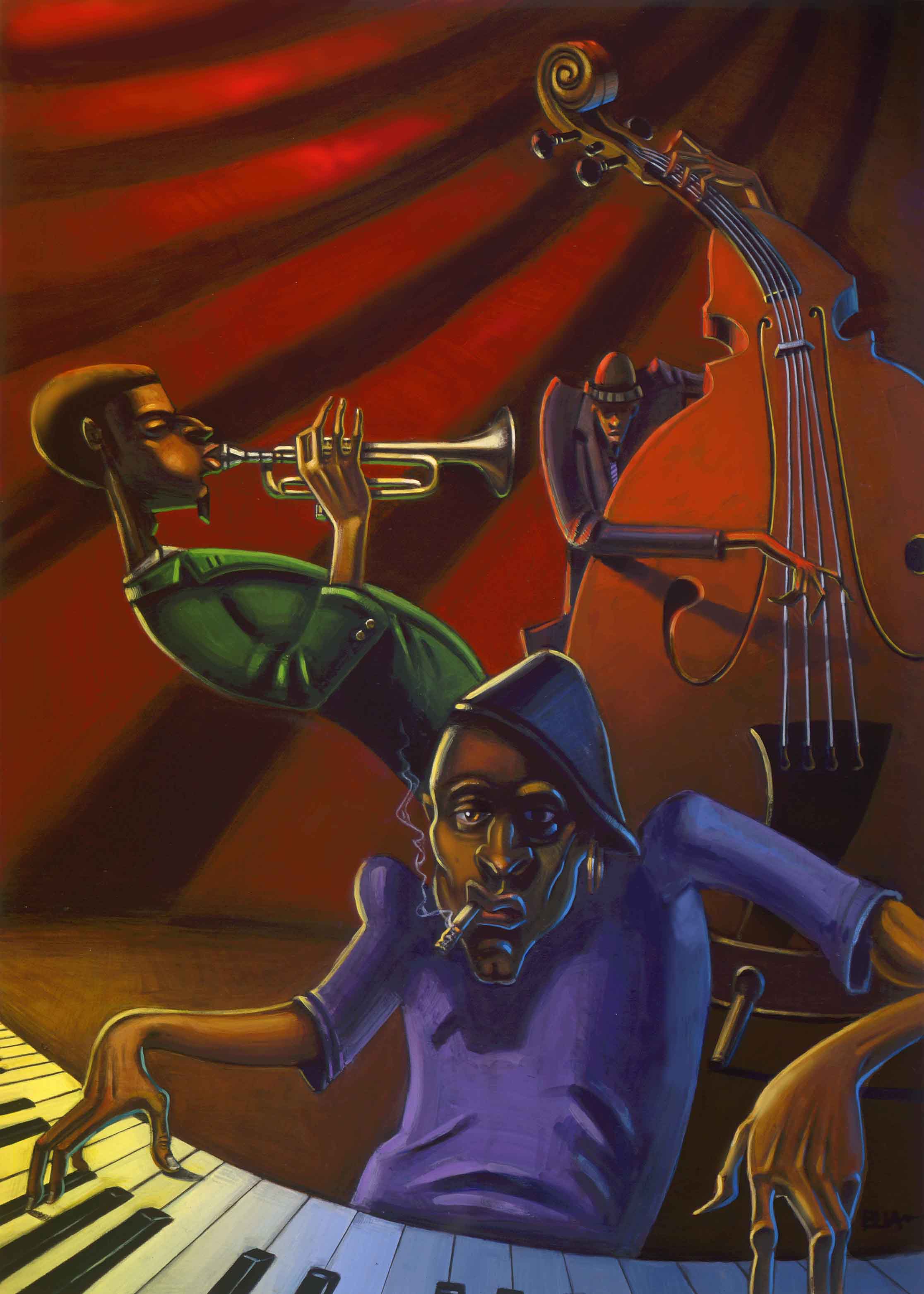 thumbnail image 2 of Trumpet Man Canvas Wall Art By Justin Bua – 37x12, Stretched & Ready To Hang, Urban Jazz Festival Decor 2 of 5