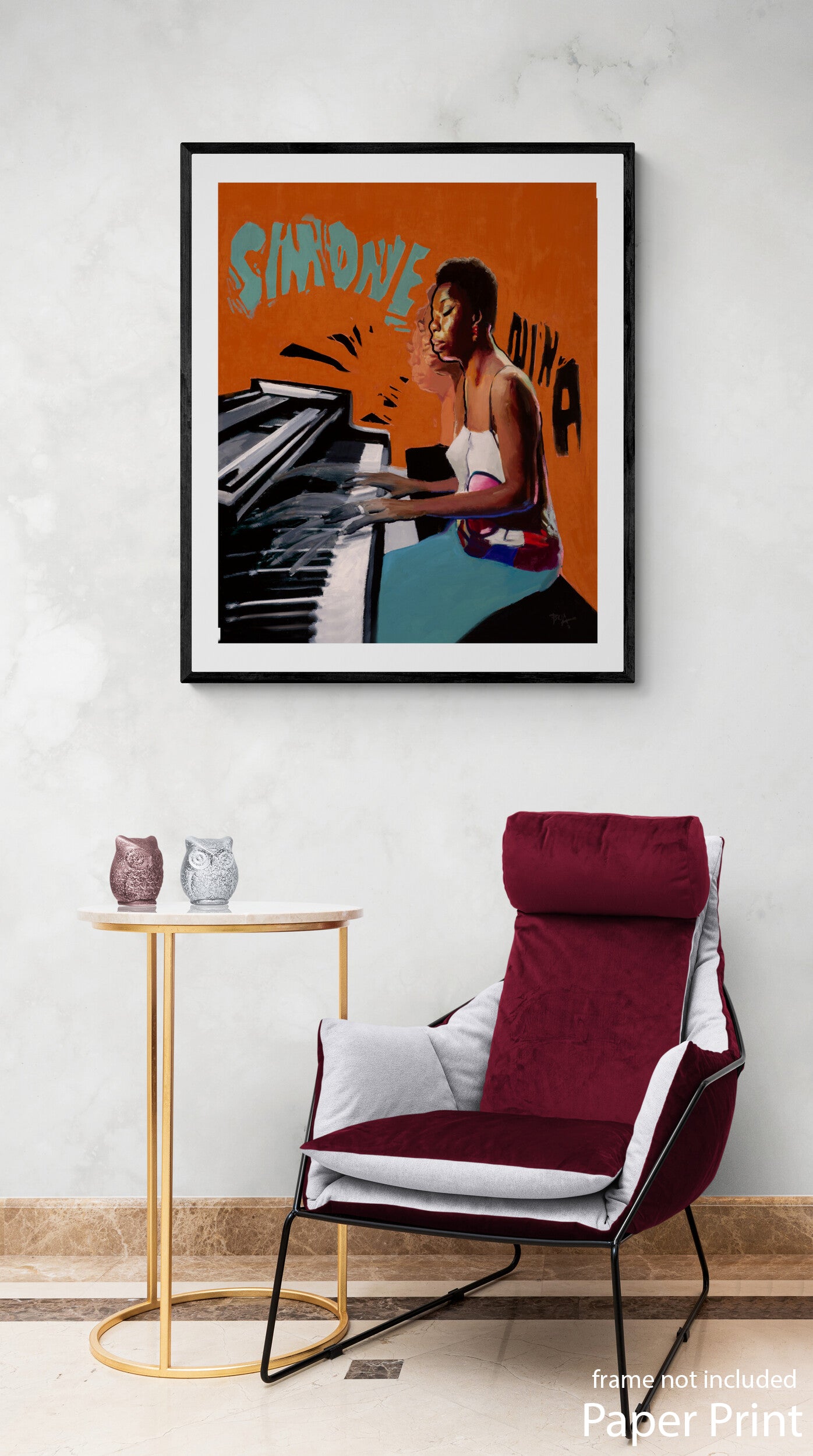 female jazz artist nina simone paper art print by artist Justin Bua